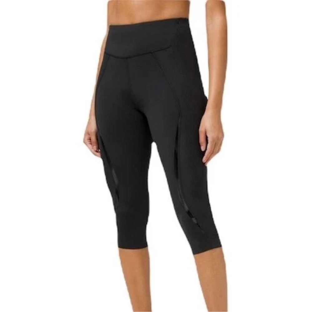 LULULEMON Women's 12 Black Gloss Trim Run Super High Rise Crop 17" Leggings